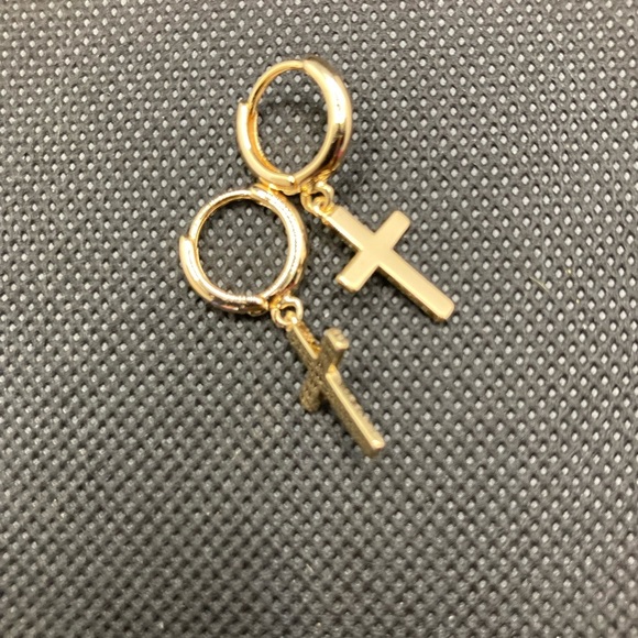 Cross Earrings Gold Huggie Hoop Dangle Drop - Picture 11 of 12